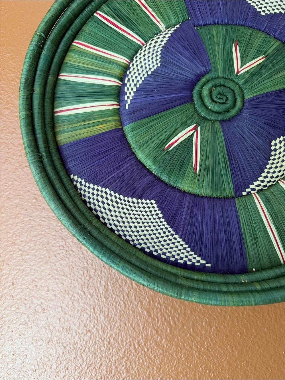 Handwoven Decorative Wall Basket in Green & Purple (14” Diameter)